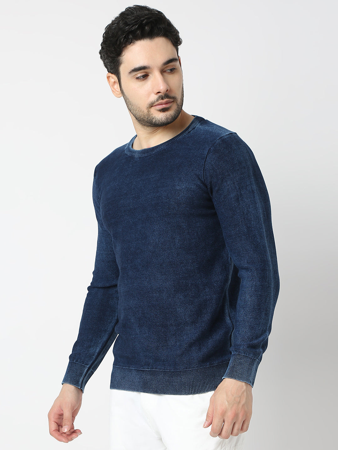 Spykar Indigo Blue Round Neck Long Sleeves Sweater For Men