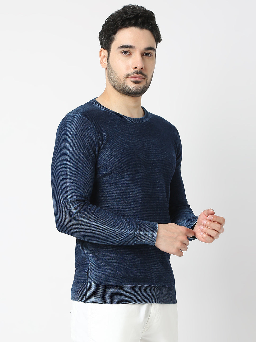 Spykar Indigo Blue Round Neck Long Sleeves Sweater For Men