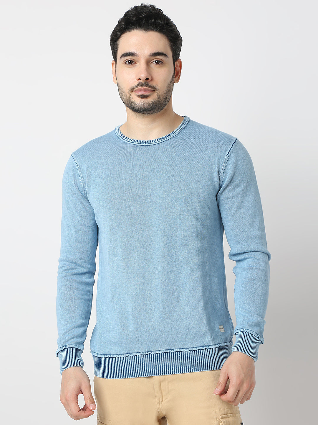 Spykar Powder Blue Round Neck Long Sleeves Sweater For Men