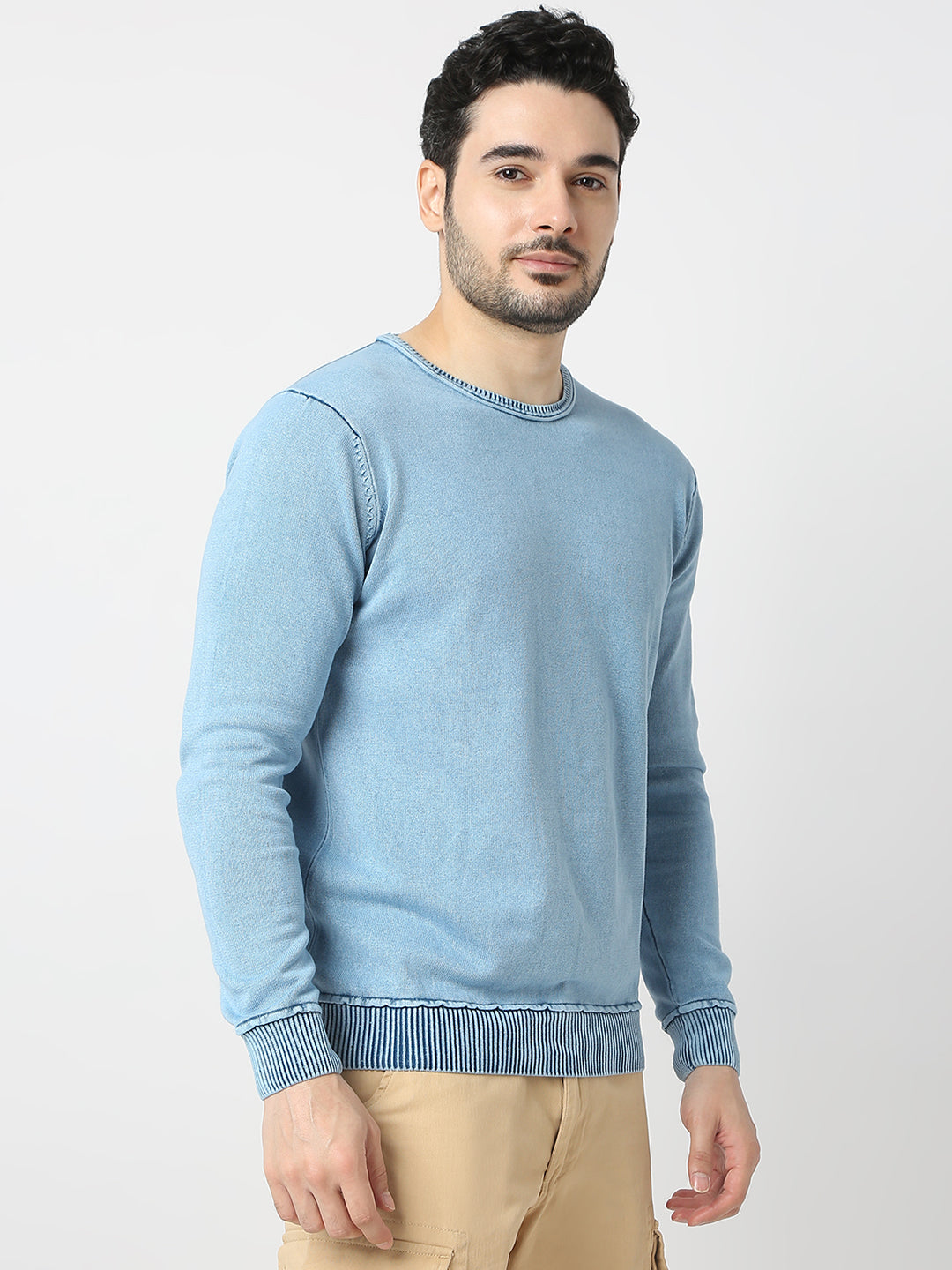 Spykar Powder Blue Round Neck Long Sleeves Sweater For Men