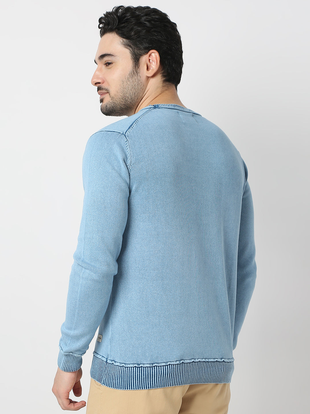 Spykar Powder Blue Round Neck Long Sleeves Sweater For Men