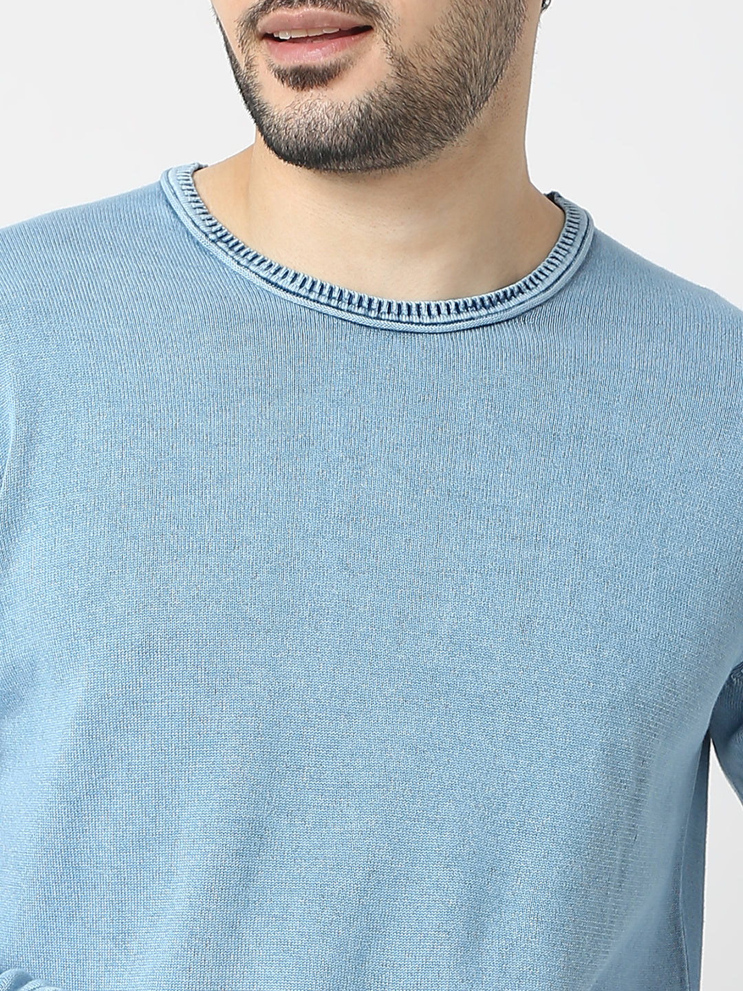 Spykar Powder Blue Round Neck Long Sleeves Sweater For Men
