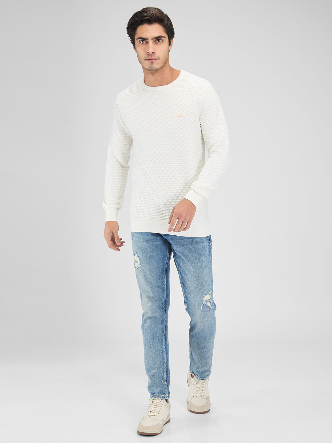 Spykar Men Solid White Slim Fit Full Sleeves Sweater