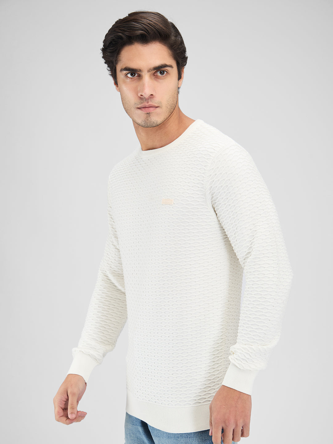 Spykar Men Solid White Slim Fit Full Sleeves Sweater