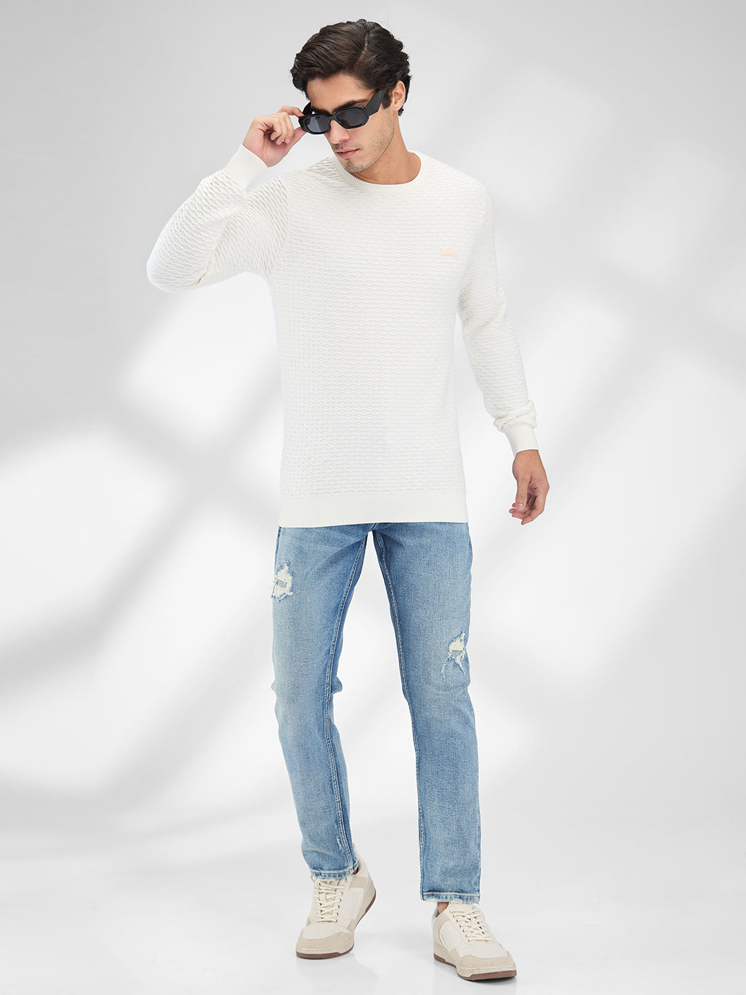 Spykar Men Solid White Slim Fit Full Sleeves Sweater