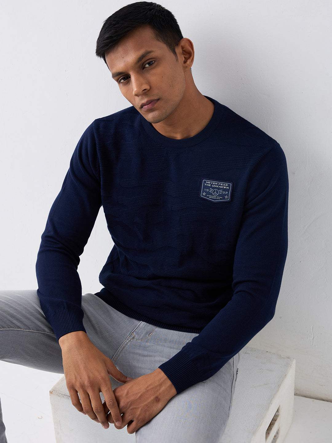 Spykar Navy Blue Regular Fit Casual Sweaters For Men