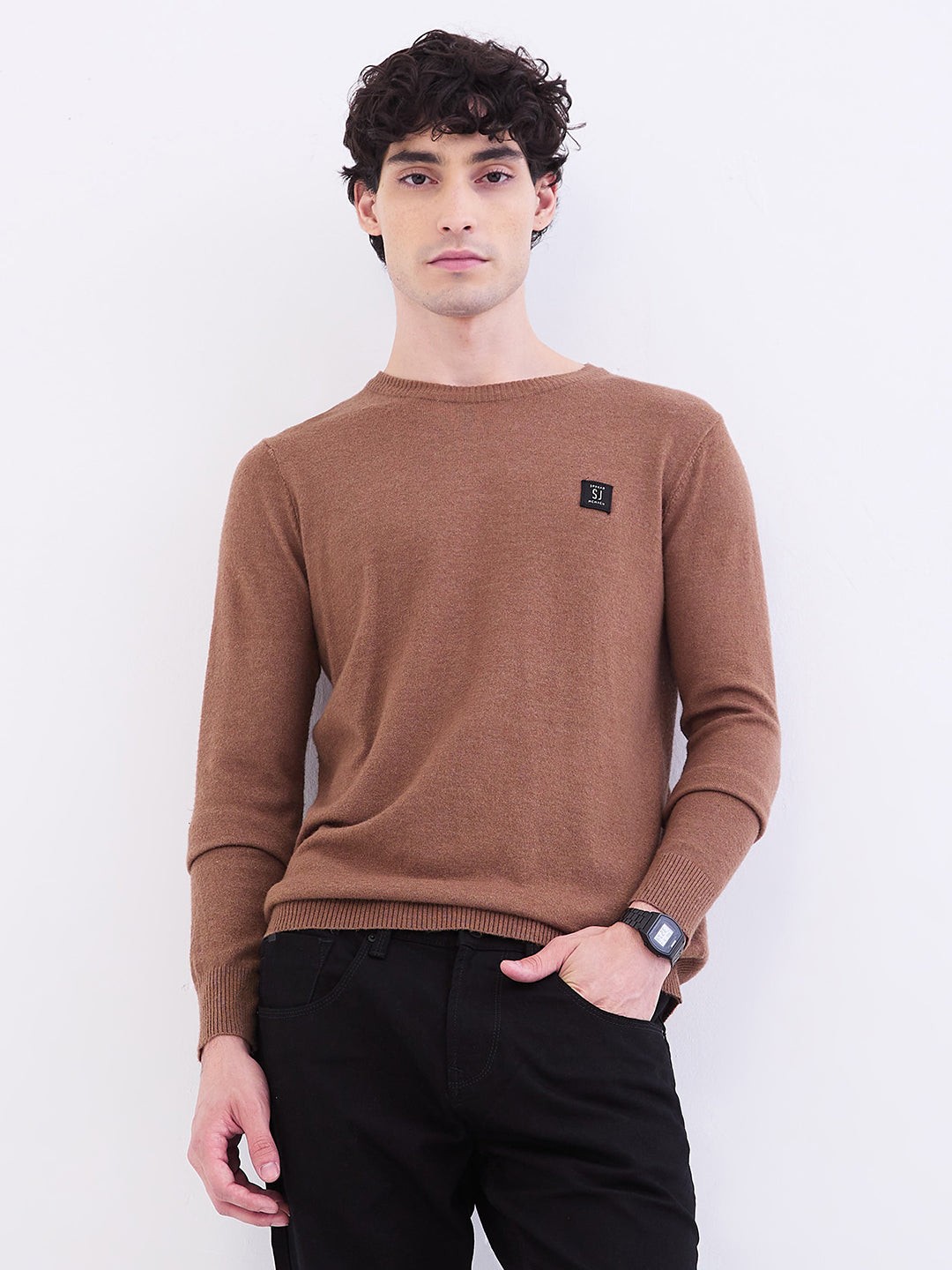 Spykar Bison Brown Slim Fit Casual Sweaters For Men