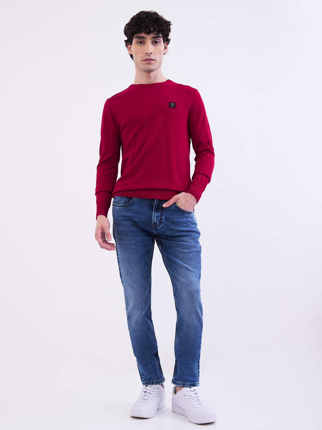 Spykar Dark Red Slim Fit Casual Sweaters For Men