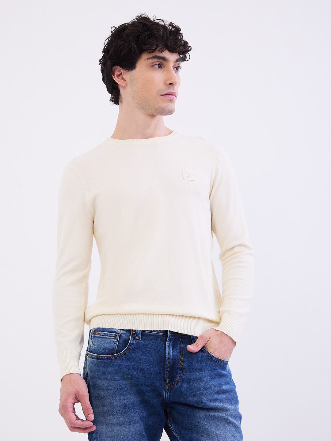 Men Sweater Off White Slim Fit