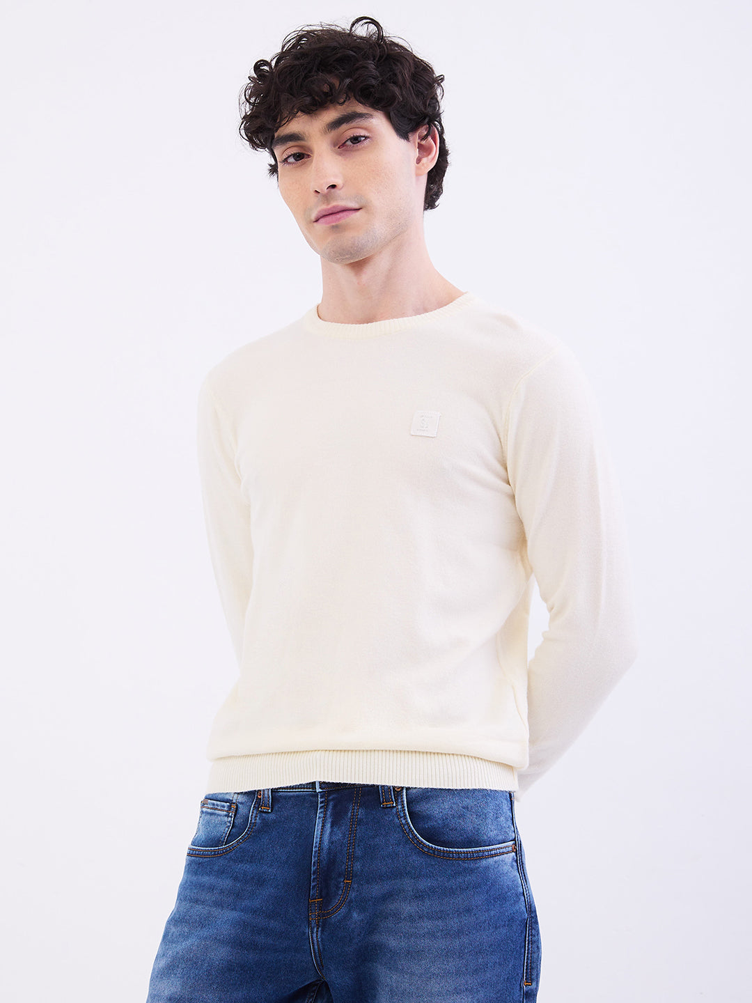 Spykar Off White Slim Fit Casual Sweaters For Men