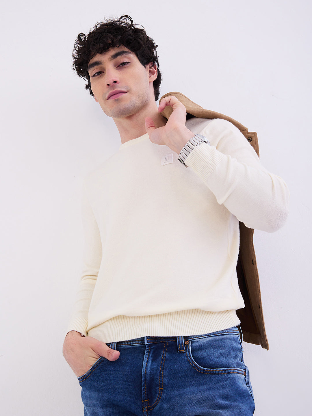 Spykar Off White Slim Fit Casual Sweaters For Men