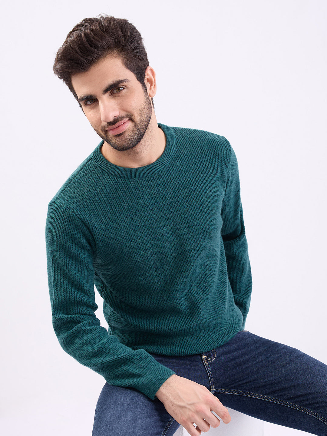 Spykar Teal Green Slim Fit Casual Sweaters For Men