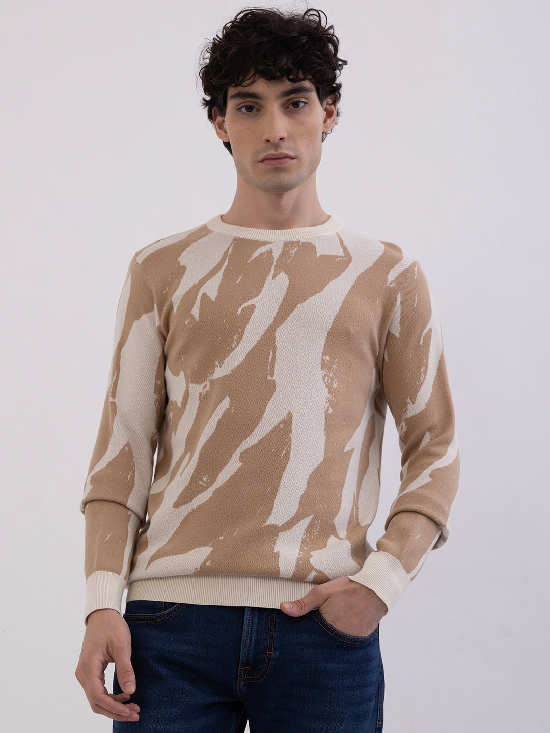 Spykar Taupe Beige Slim Fit Casual Sweaters For Men