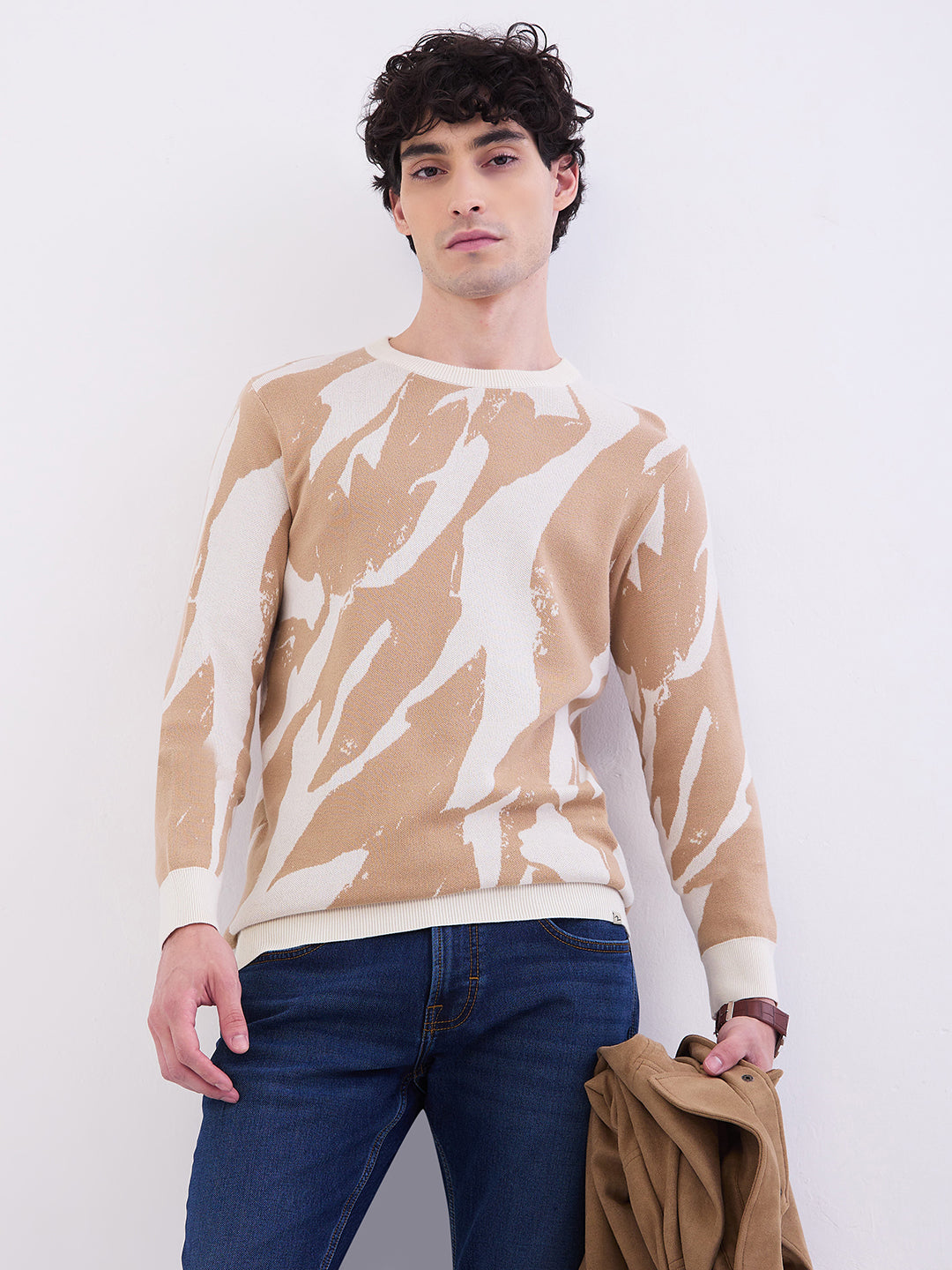 Spykar Taupe Beige Slim Fit Casual Sweaters For Men