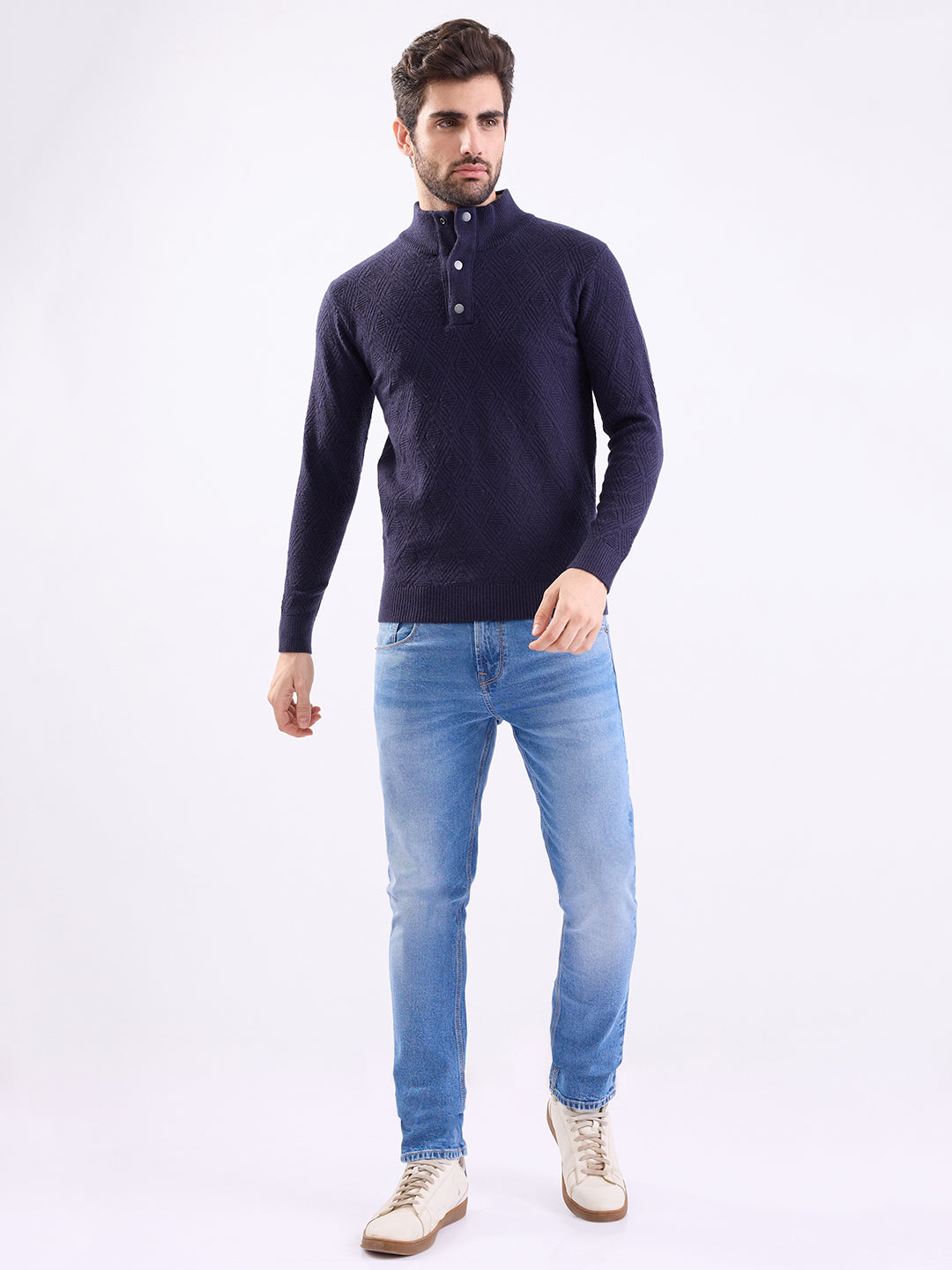 Spykar Cameo Blue Slim Fit Casual Sweaters For Men