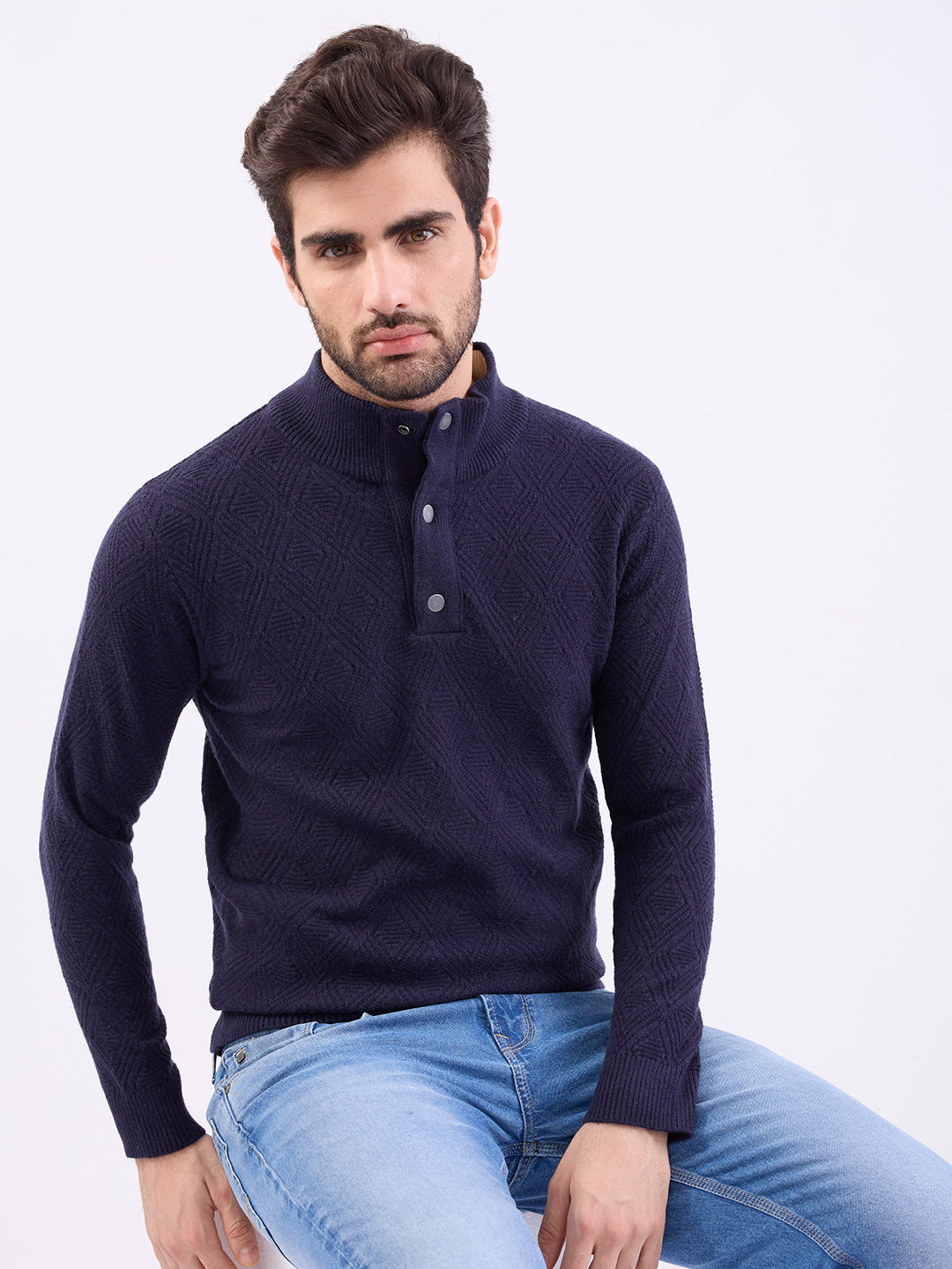 Spykar Cameo Blue Slim Fit Casual Sweaters For Men