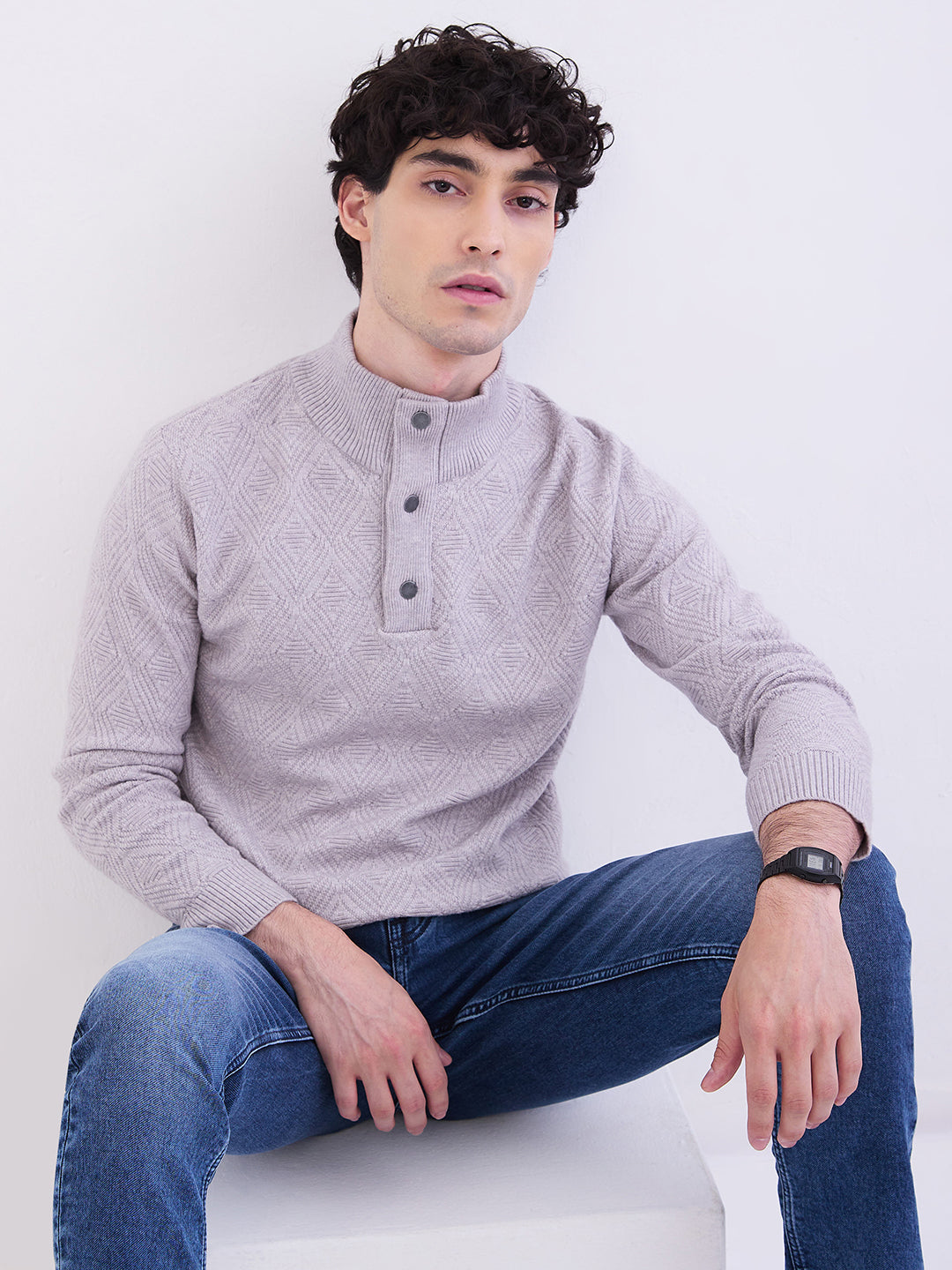 Spykar Silver Grey Slim Fit Casual Sweaters For Men