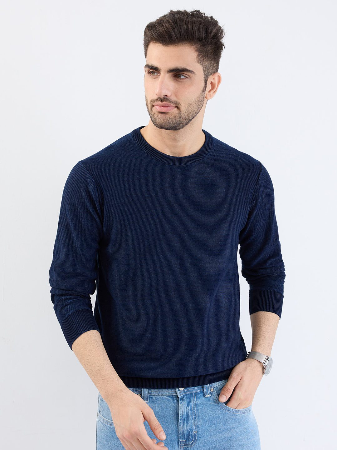 Spykar Indigo Blue Slim Fit Casual Sweaters For Men