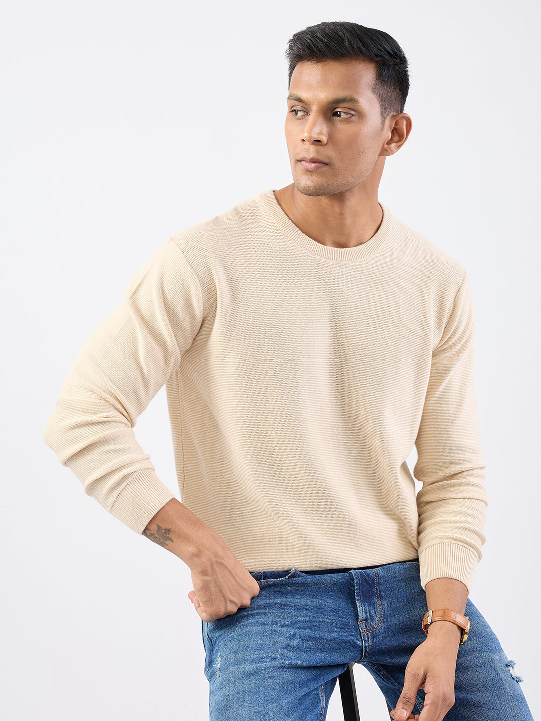 Spykar Taupe Beige Slim Fit Casual Sweaters For Men