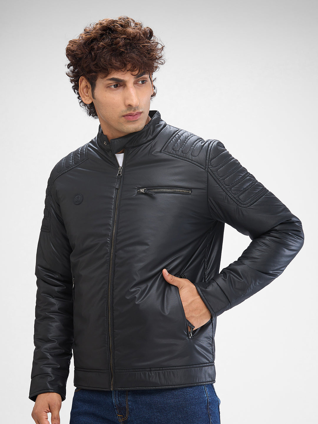 Spykar Jet Black Polyester Full Sleeve Jacket For Men