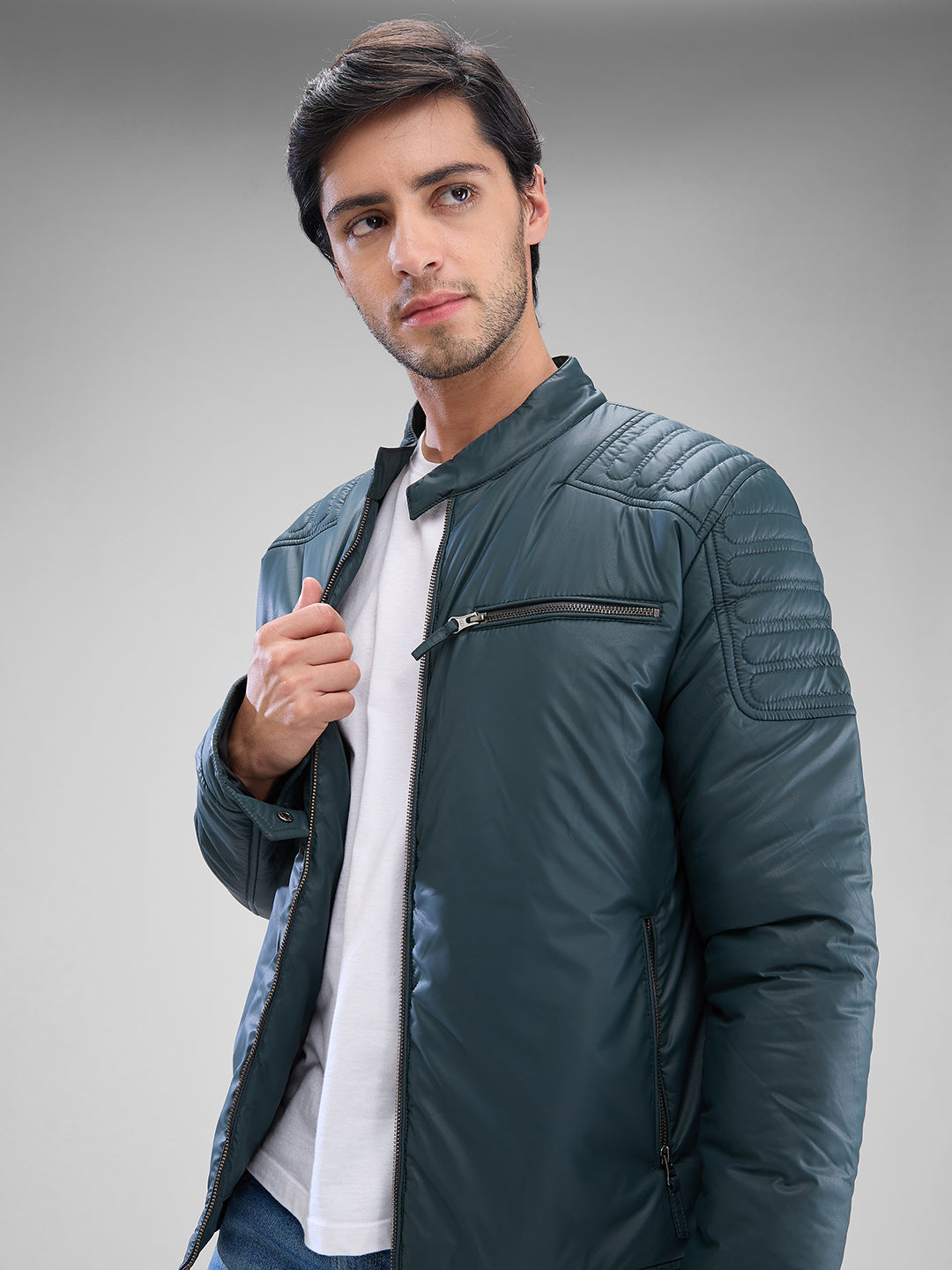 Spykar Teal Green Polyester Full Sleeve Jacket For Men