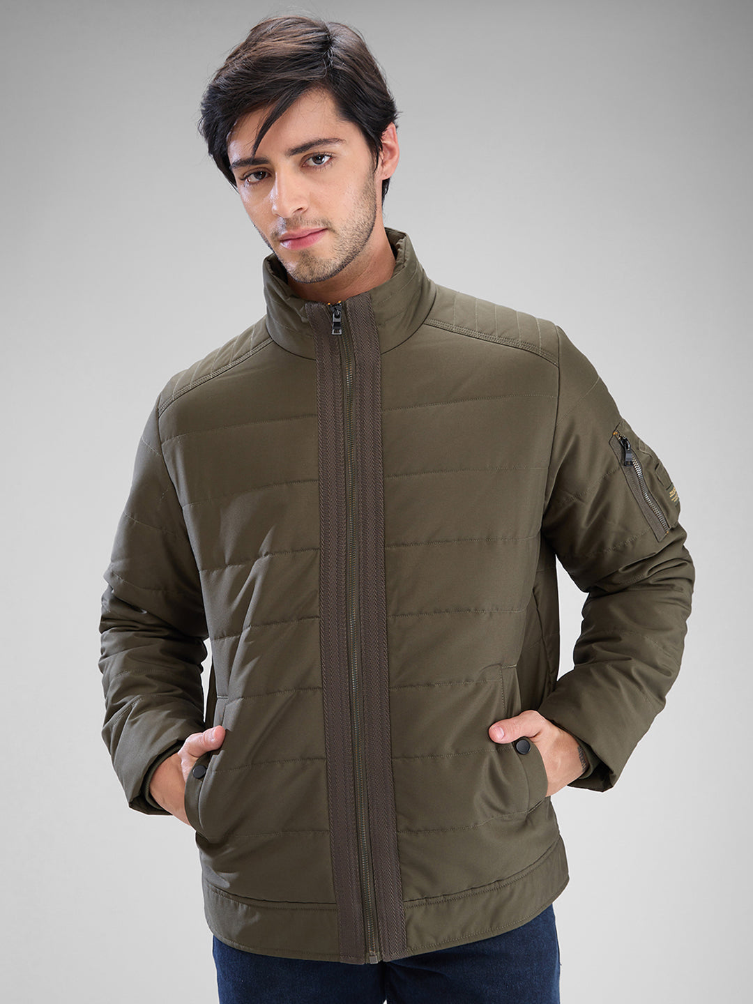 Spykar Olive Green Polyester Full Sleeve Jacket For Men