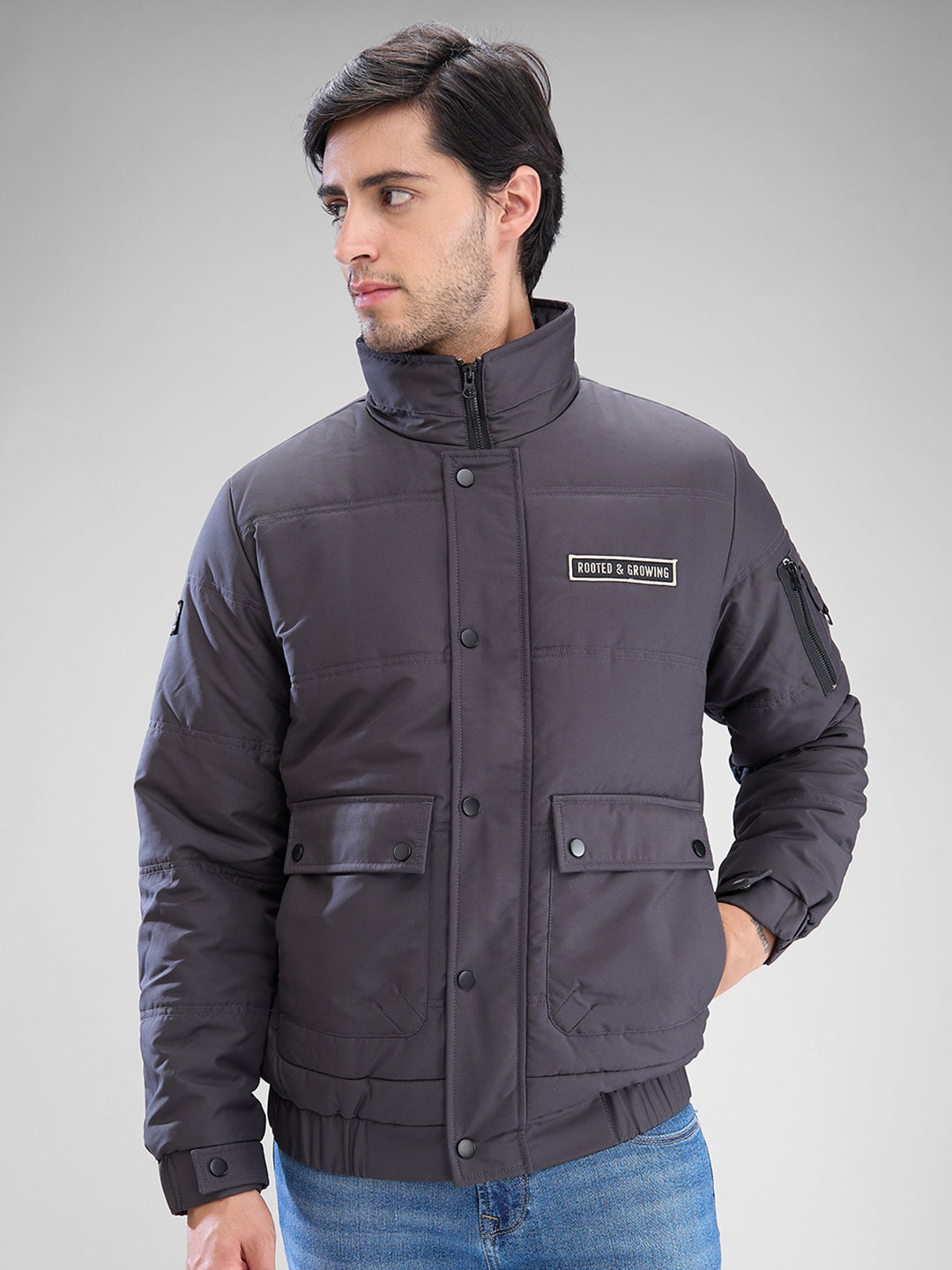 Spykar Dark Grey Polyester Full Sleeve Jacket For Men