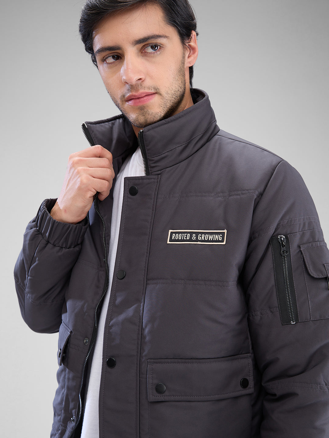 Spykar Dark Grey Polyester Full Sleeve Jacket For Men