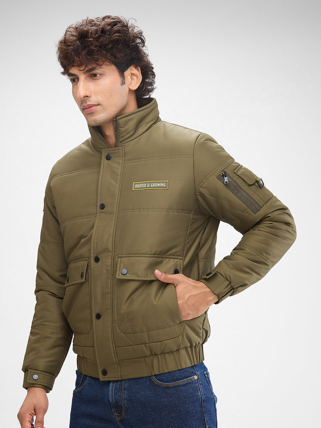 Spykar Military Green Polyester Full Sleeve Jacket For Men