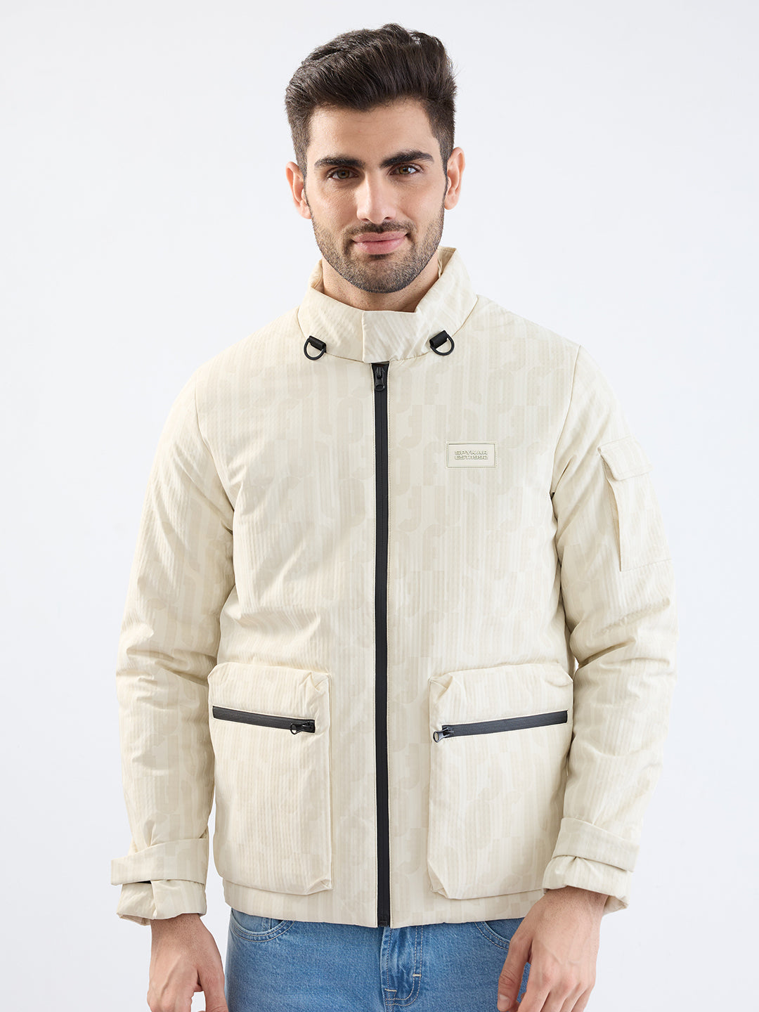 Men Jacket Beige Straight Fit