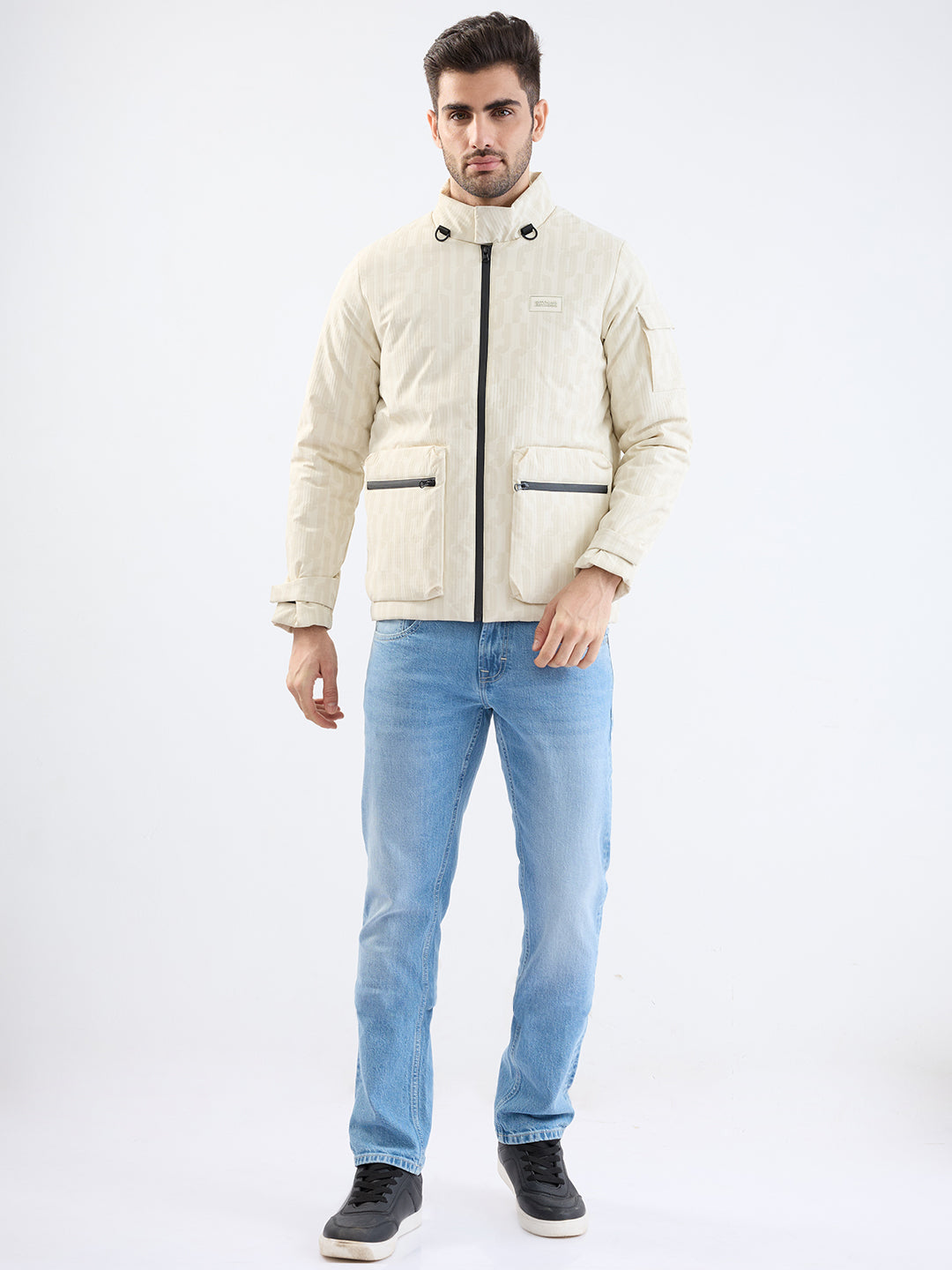 Men Jacket Beige Straight Fit