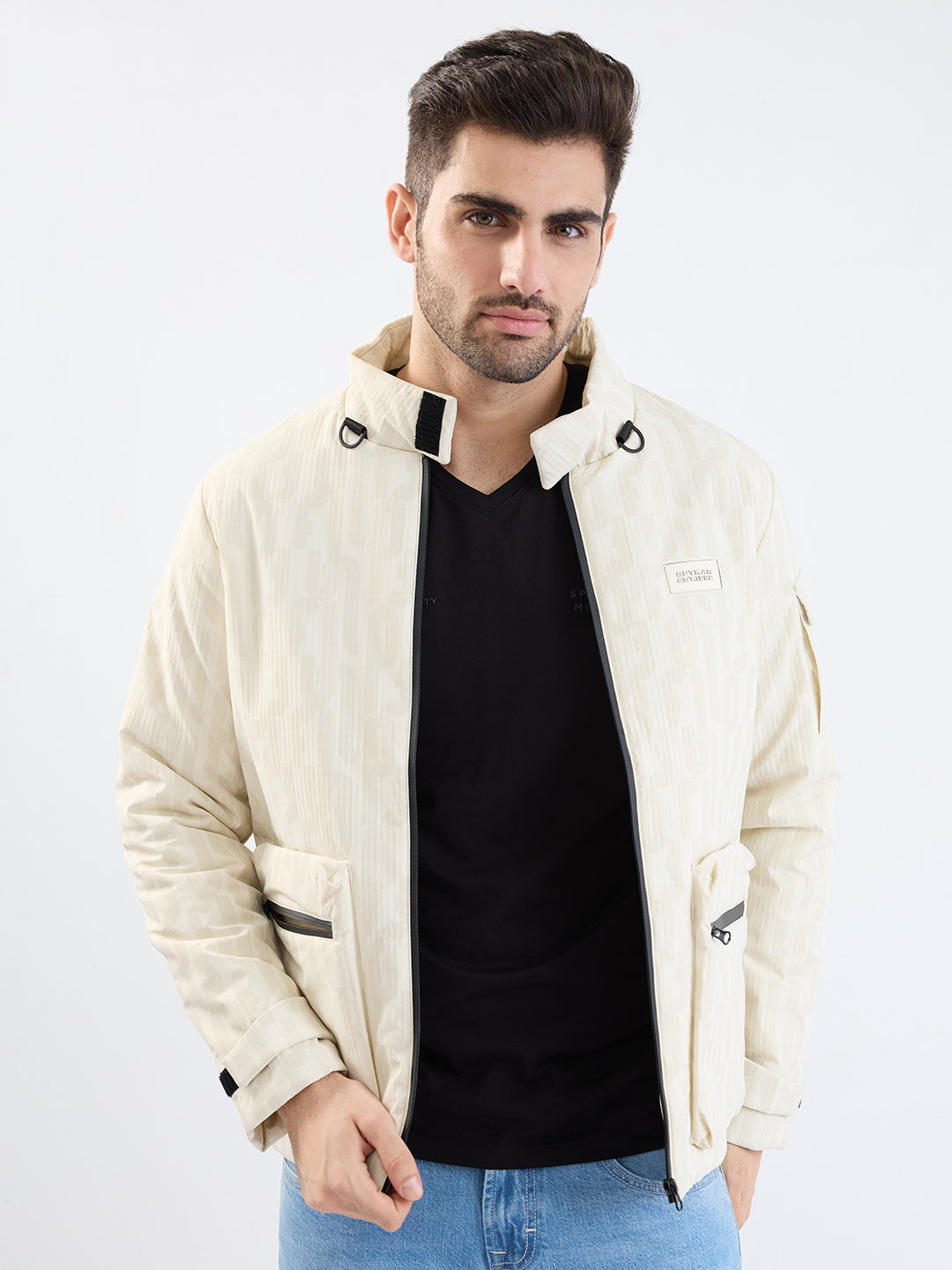 Men Jacket Beige Straight Fit