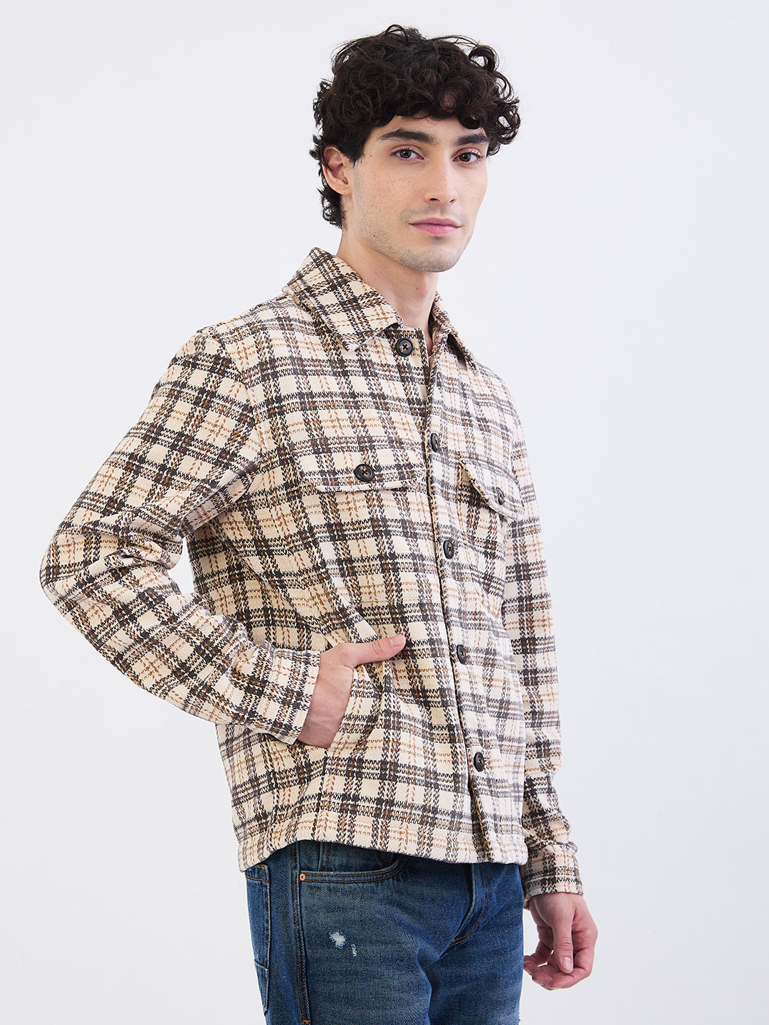 Men Jacket Beige Straight Fit