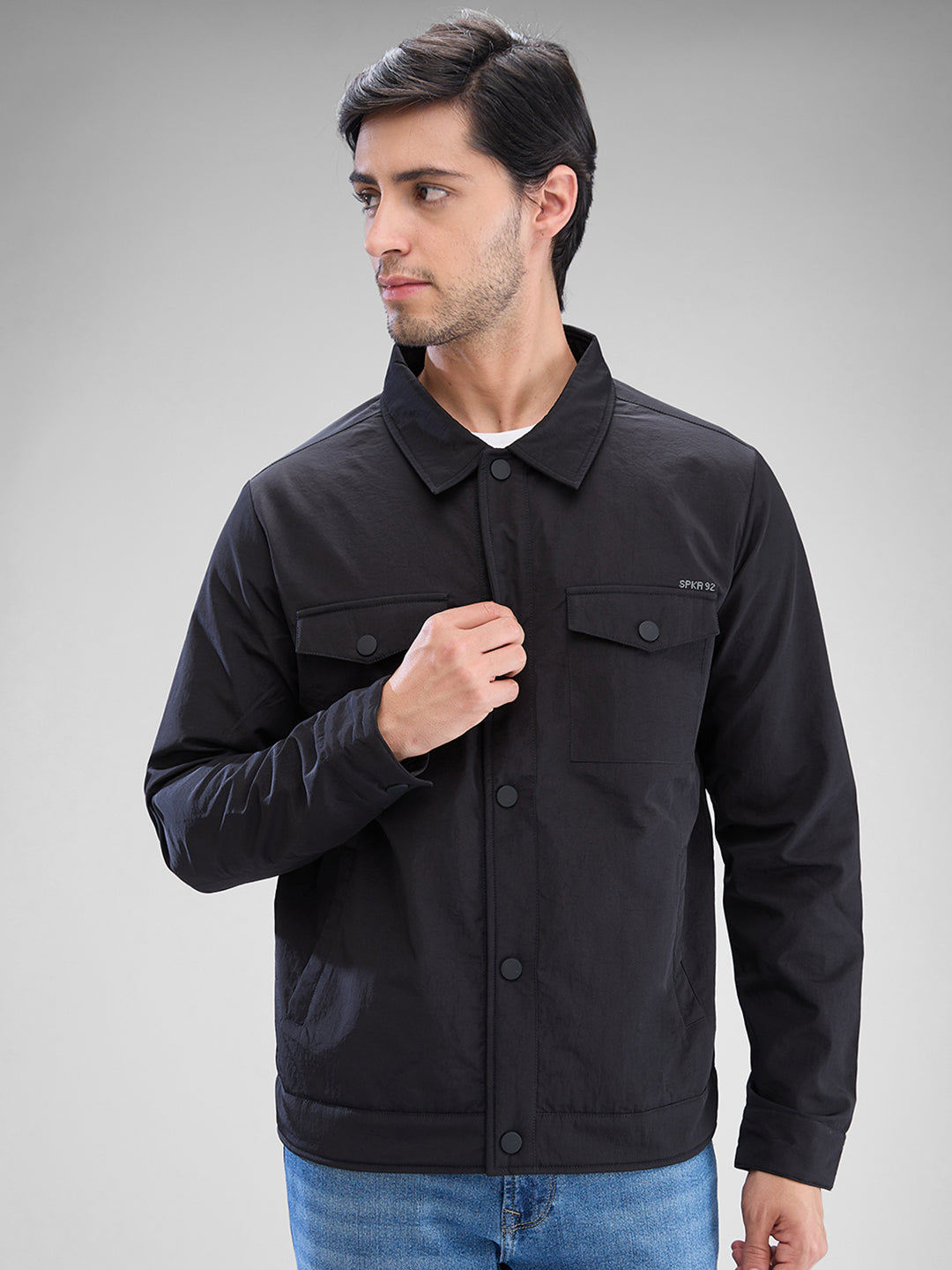 Spykar Jet Black Nylon Full Sleeve Jacket For Men