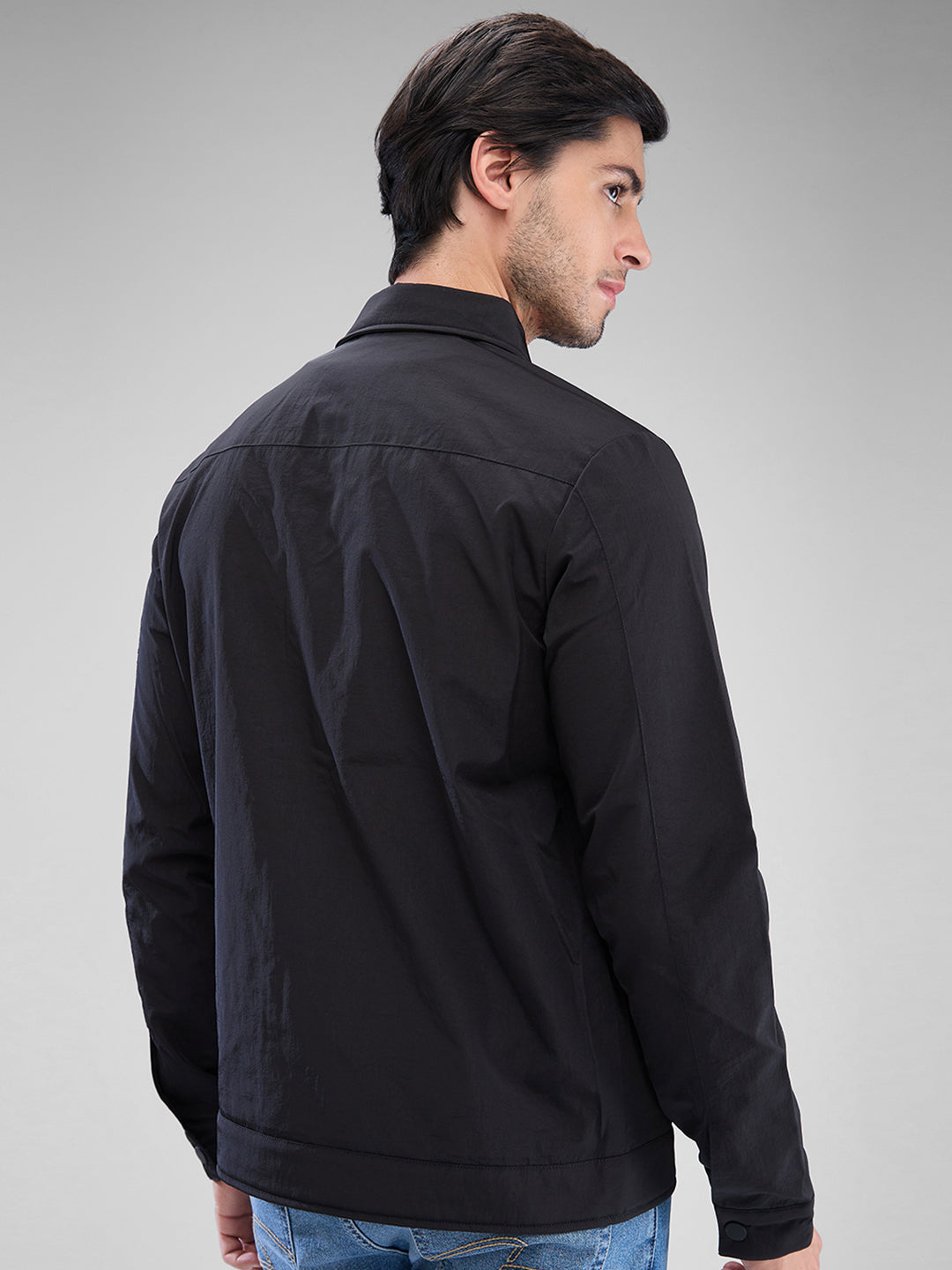 Spykar Jet Black Nylon Full Sleeve Jacket For Men