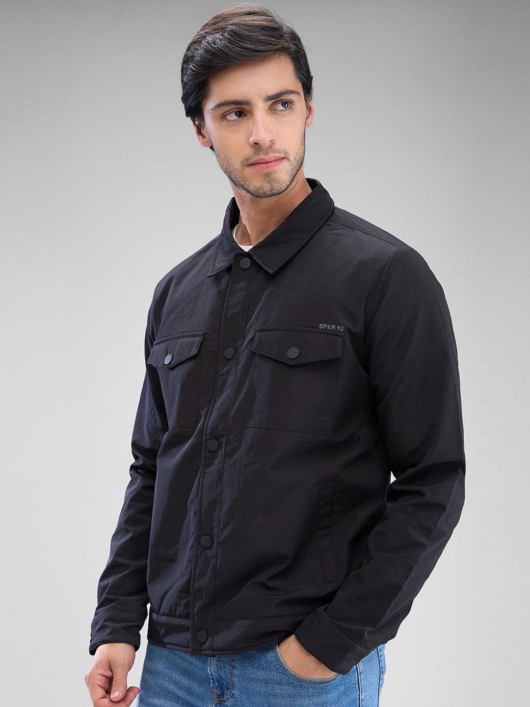 Spykar Jet Black Nylon Full Sleeve Jacket For Men