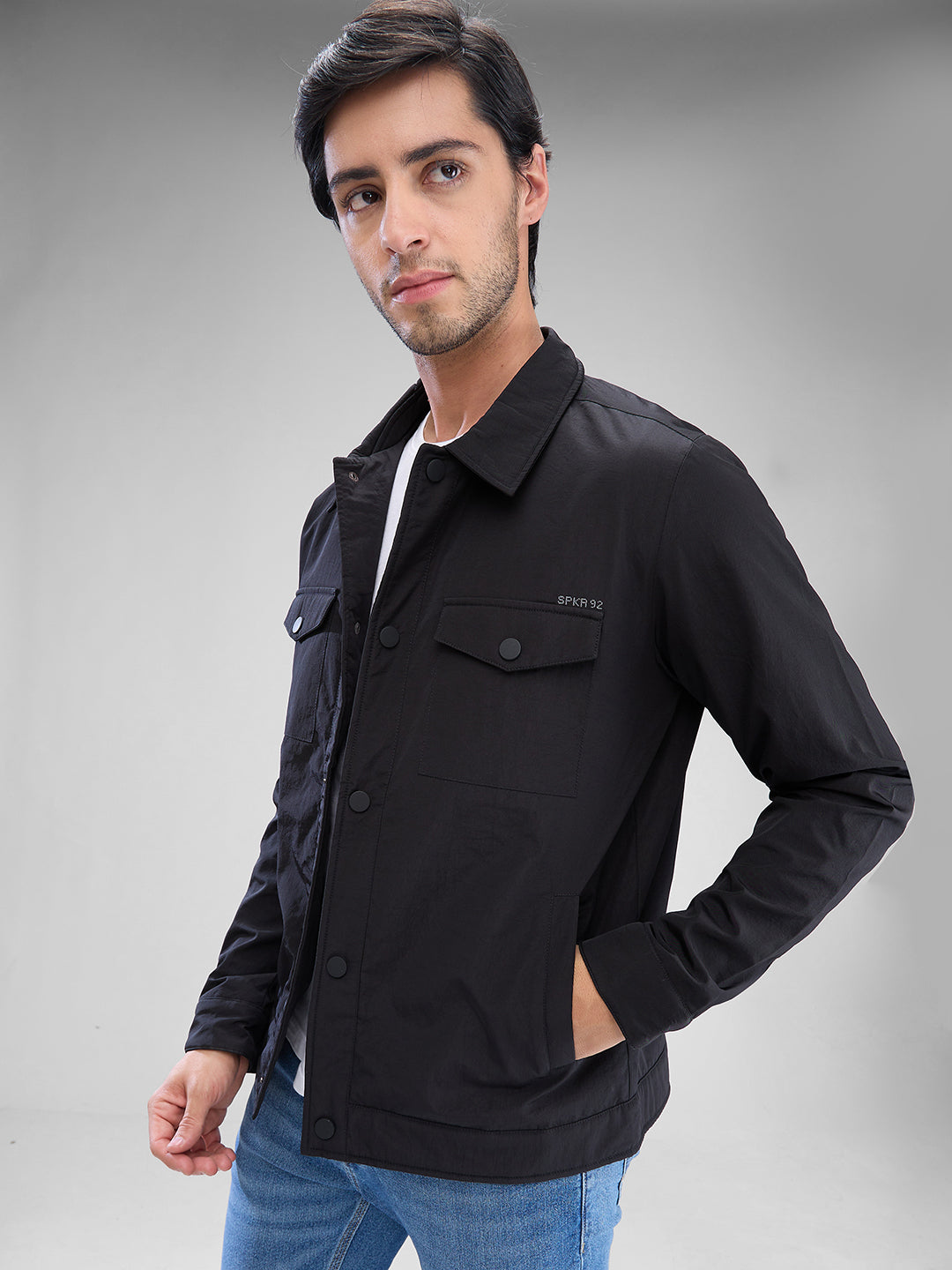 Spykar Jet Black Nylon Full Sleeve Jacket For Men