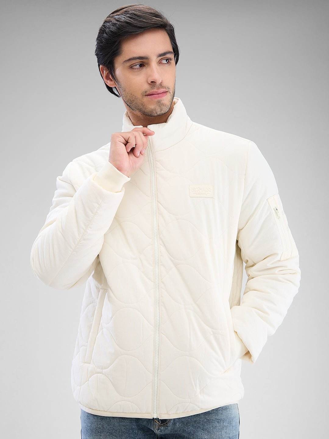 Spykar Cream White Nylon Full Sleeve Jacket For Men