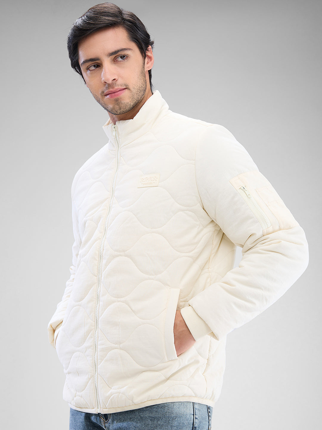 Spykar Cream White Nylon Full Sleeve Jacket For Men