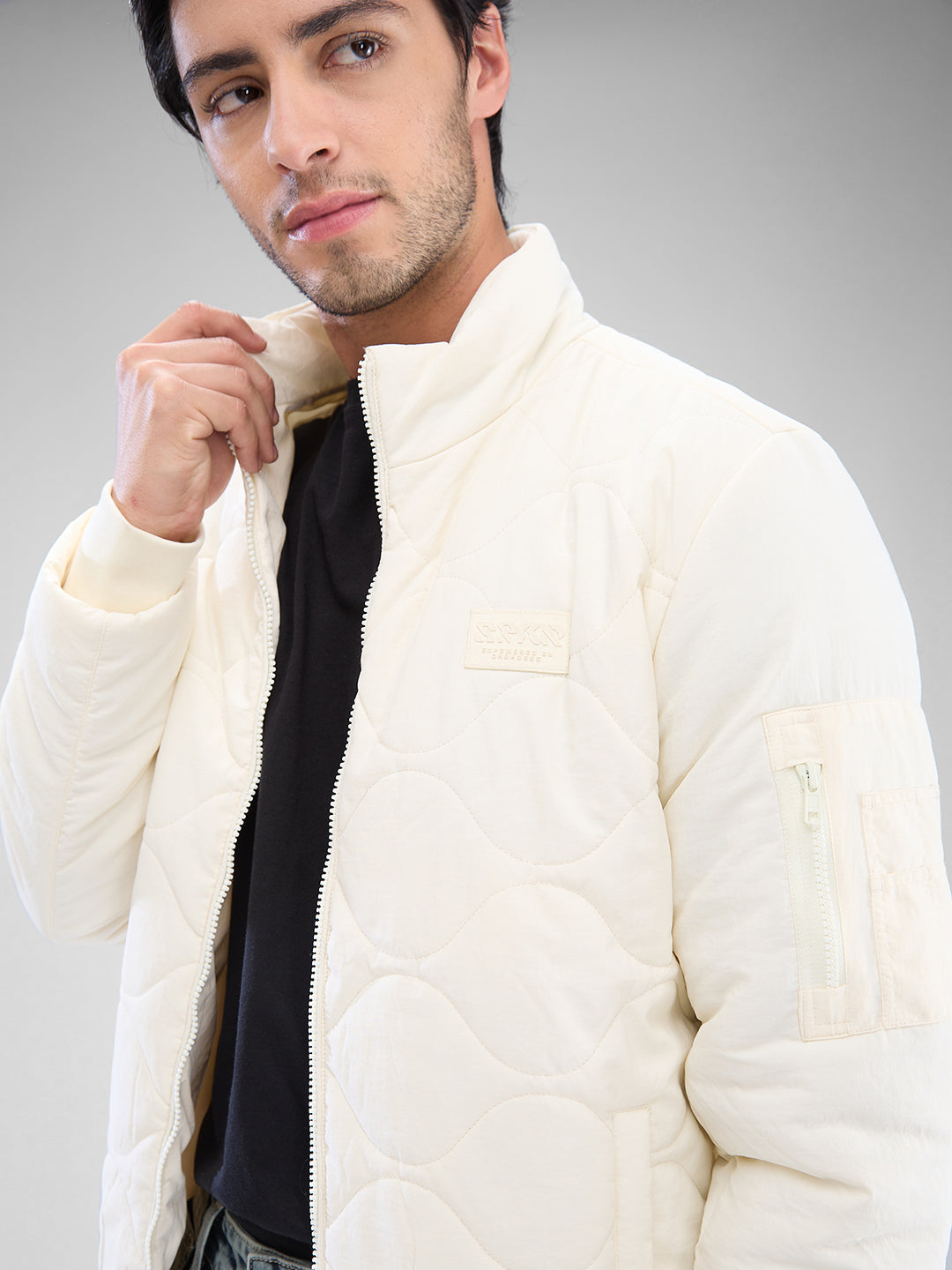 Spykar Cream White Nylon Full Sleeve Jacket For Men