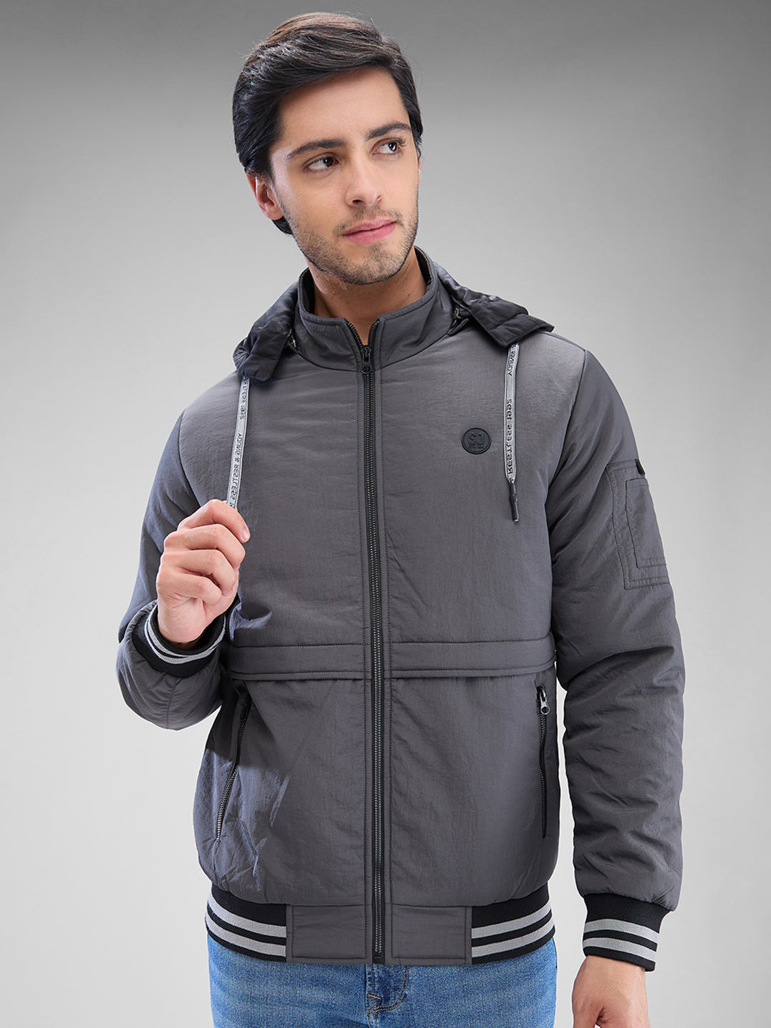 Spykar Charcoal Grey Nylon Full Sleeve Jacket For Men