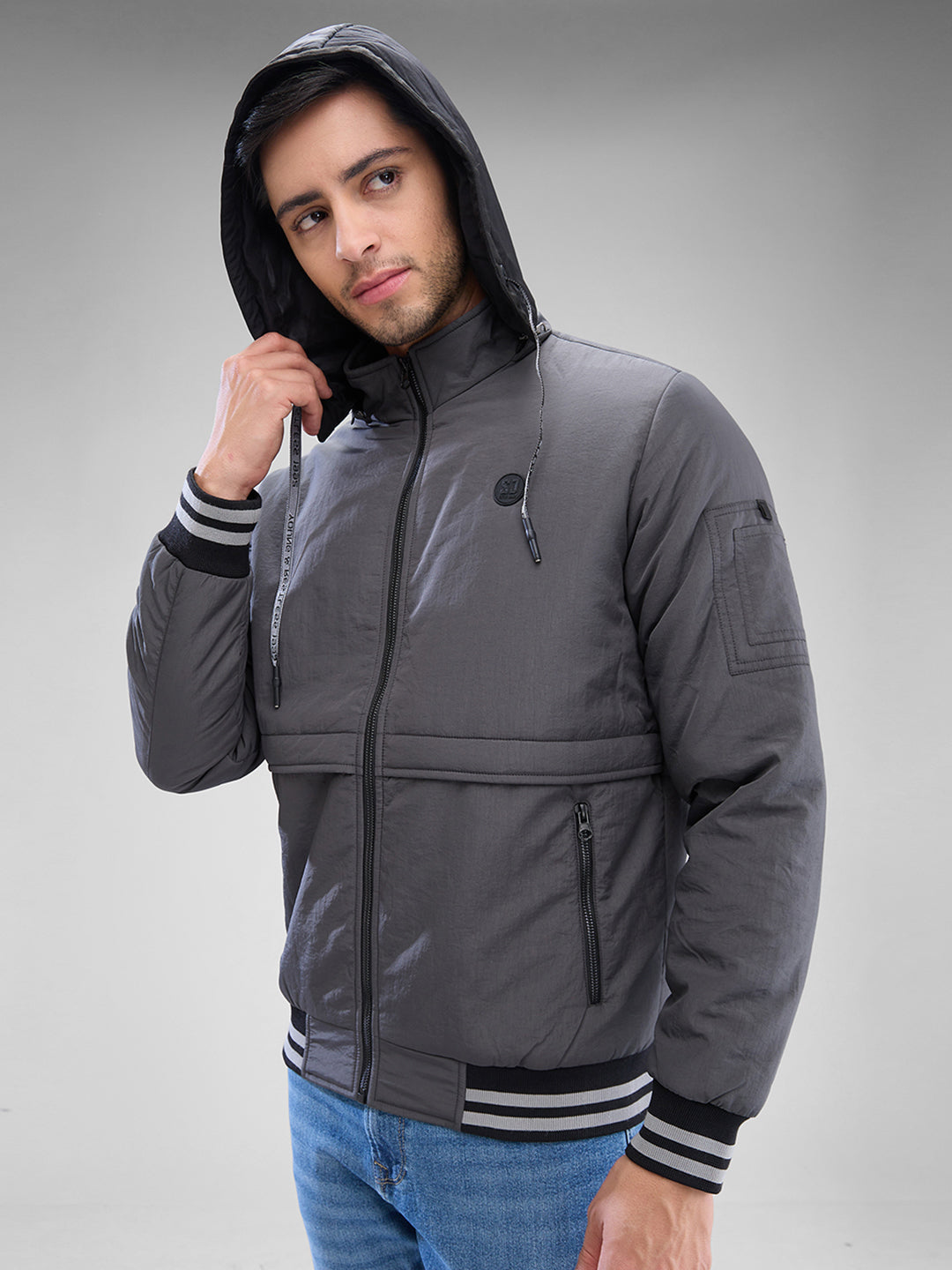 Spykar Charcoal Grey Nylon Full Sleeve Jacket For Men