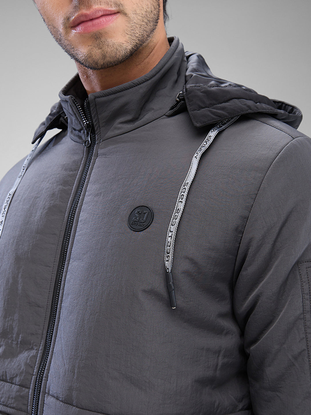 Spykar Charcoal Grey Nylon Full Sleeve Jacket For Men