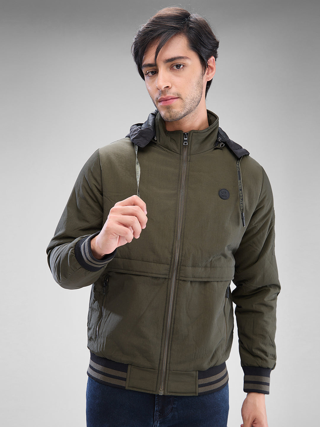 Buy Online Spykar Dark Olive Green Nylon Full Sleeve Jacket For Men