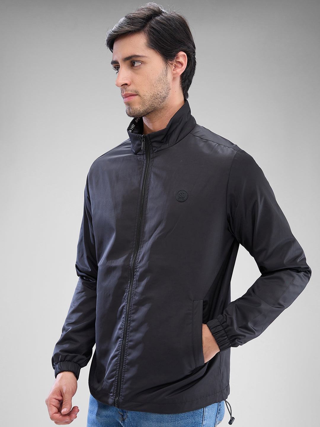 Spykar Jet Black Polyester Full Sleeve Jacket For Men