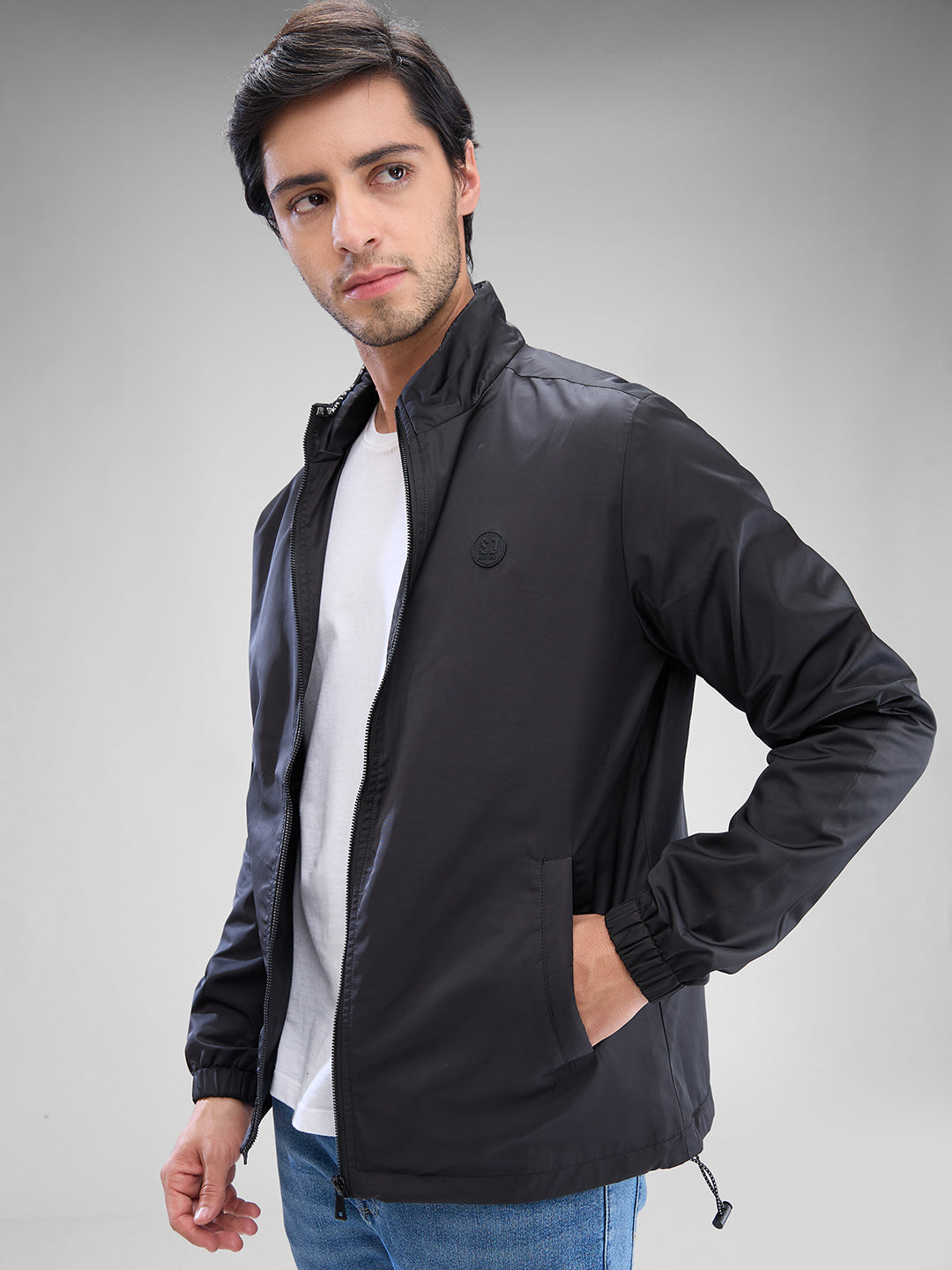 Spykar Jet Black Polyester Full Sleeve Jacket For Men