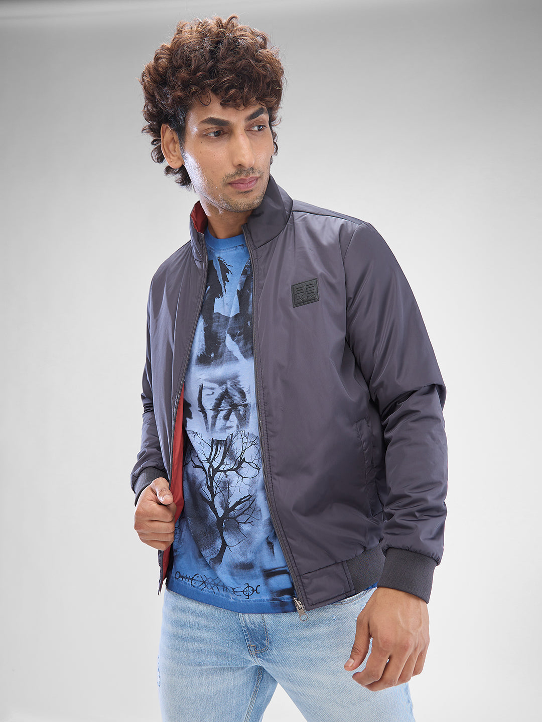 Spykar Charcoal Grey Polyester Full Sleeve Jacket For Men