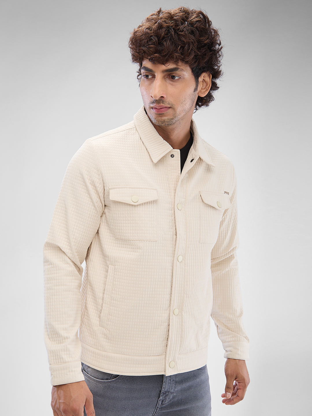 Spykar Ecru Polyester Full Sleeve Jacket For Men