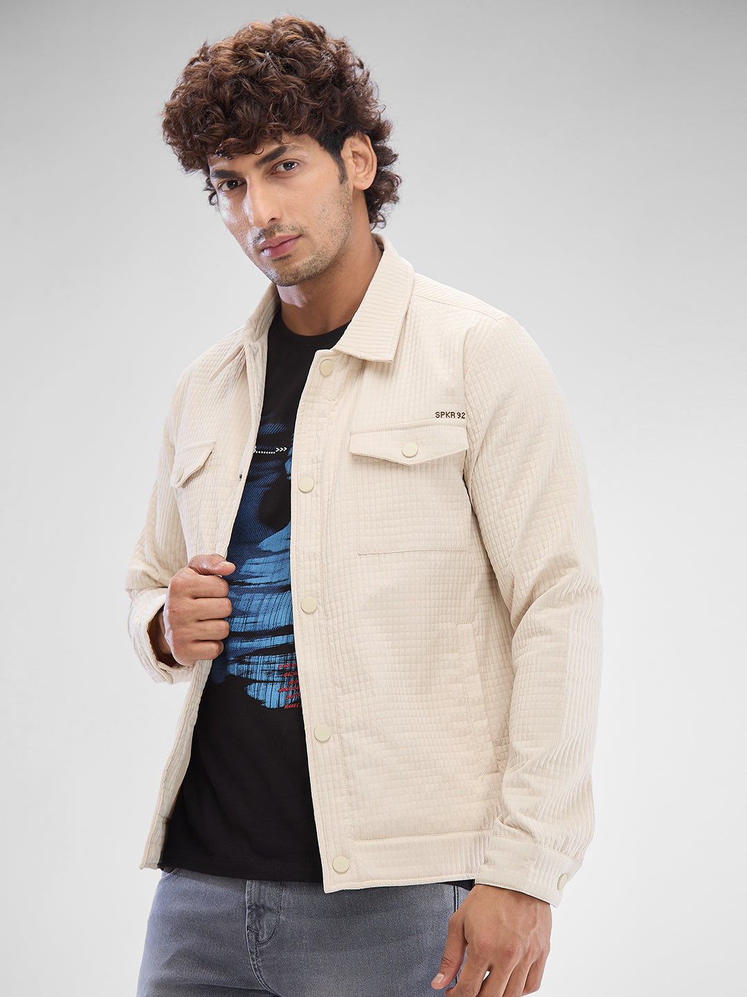 Spykar Ecru Polyester Full Sleeve Jacket For Men