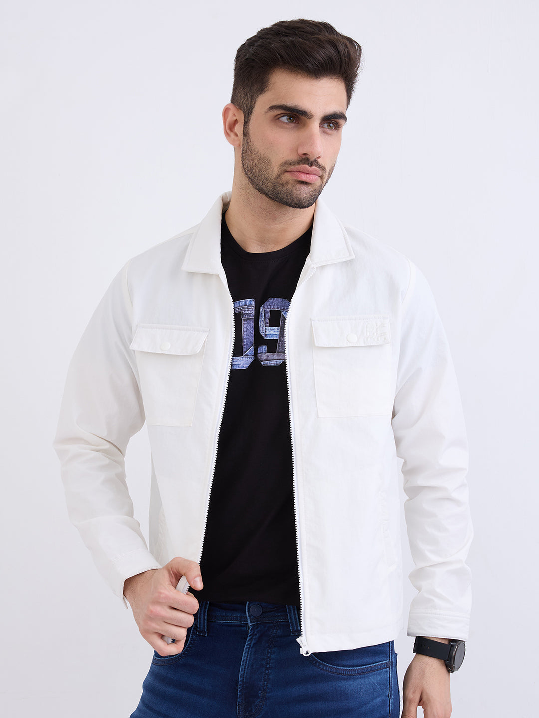 Men Jacket Off White Straight Fit